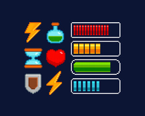 Sticker - Pixel art Battery charge scale icon. Health and Energy load bar. Energy, Mana, Armor, Health and Time icon set in 8-bit retro game style. Retro pixel game or app interface elements