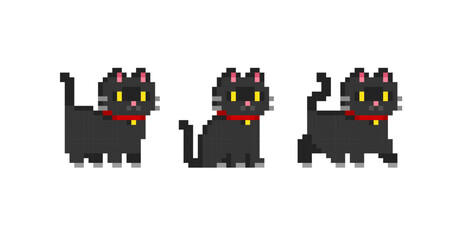 Naklejka na meble Black Cat or Kitten in pixel art - isolated vector. Cute kawaii style pixel cats in retro 8-bit game style. Cute pixel kitten design for stickers, icons, t-shirt screen printing
