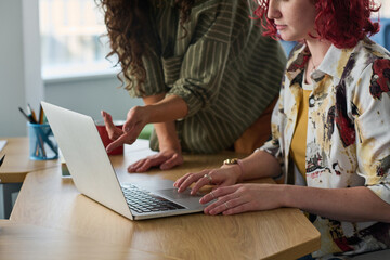 Aufkleber - Close-up of young businesswoman pointing at screen of laptop during presentation of business project or consulting her colleague