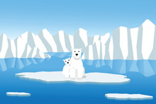 Polar Bear Stuck On Melting Ice Floe With Ice Berg In The Background, Caused By The Global Warming Effect.