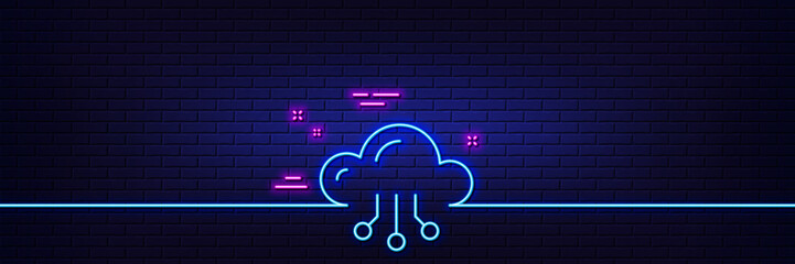 Wall Mural - Neon light glow effect. Cloud computing line icon. Internet data storage sign. File hosting technology symbol. 3d line neon glow icon. Brick wall banner. Cloud computing outline. Vector