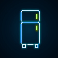 Sticker - Glowing neon line Refrigerator icon isolated on black background. Fridge freezer refrigerator. Household tech and appliances. Colorful outline concept. Vector