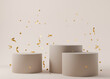 Set of podiums with falling confetti on beige background. Elegant podiums for product, cosmetic presentation. Luxury mockup. Pedestal or platform for beauty products. Empty scene. 3D rendering.