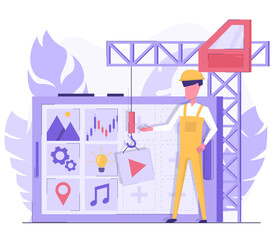 App development. A programmer developer creates an application on the phone. The builder commands the crane