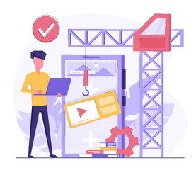 App development. A programmer developer creates an application on the phone. The crane lowers the icons on the screen