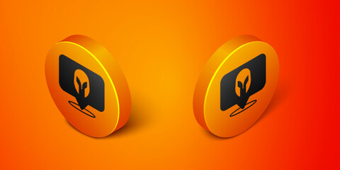 Isometric Medieval iron helmet for head protection icon isolated on orange background. Knight helmet. Orange circle button. Vector