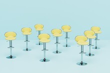 An Abstract Background Consisting Of Patterns Of Yellow Bar Stools On A Blue Background. 3D Render