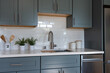 © Emily K. Means - Modern kitchen details of pale green blue cabinets with white tile backsplash and large sink with faucet.