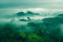 Foggy Landscape In The Jungle. Fog And Cloud Mountain Tropic Valley Landscape. Aerial View