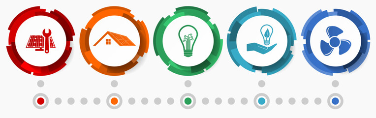 Fototapete - Renewable energy symbols, solar power and electricity vector icons, flat design web button set, colorful infographic template