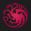 Three-headed red dragon as emblem of the house Targaryen. Poster of the red dragon for the series House of the Dragon - prequel Game of Thrones. Vector illustration as print, pattern or wallpaper.