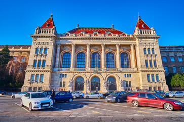 Sticker - The sculptured K building of Technology and Economics University, Budapest, Hungary