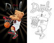 Hand drawn vector illustration of teddy bear playing basketball. Coloring book or page