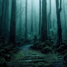 Gloomy, Spooky, Foggy Dark Forest Landscape. Mysterious Horror Forest Background. 3D Illustration.