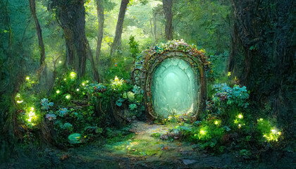 Poster - Fantasy magic portal in mystic fairy tale forest. Fairy door to the parallel world. 3D illustration.