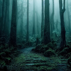 Gloomy, spooky, foggy dark forest landscape. Mysterious horror forest background. 3D illustration.