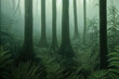Prehistoric antediluvian forest landscape with primitive trees and ferns. Digital 3D illustration.