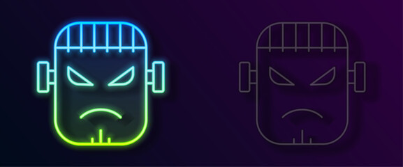 Glowing neon line Scary monster - Frankenstein face icon isolated on black background. Happy Halloween party. Vector