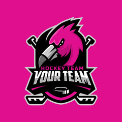 Wall Mural - Flamingo head logo for the ice hockey team logo. vector illustration. With a combination of shields badge, puck and ice hockey stick