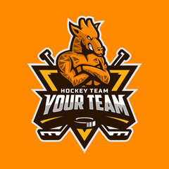 Wall Mural - Giraffe logo for the ice hockey team logo. vector illustration. With a combination of shields badge, puck and ice hockey stick