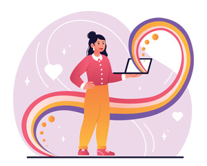Wall Mural - graphic designer concept. young girl with tablet, remote employee or freelancer. creative personalit