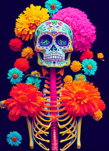 A Creepy Colourful Portrait Of A Colourful Skull For "dia De Los Muertos", "Day Of The Dead". Neon Colours. Halloween Poster, Invitation Card Idea. 