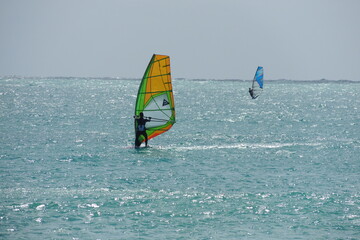 kitesurf, windsurf at sal island, cape verde, light blue sea, beautiful foam in the sea, white sand, fotocard of beach at sal island