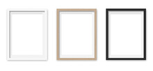 Picture Frames Set With White Passepartout On Transparent Background.  White, Wooden And Black Vertical Frames, 30x40 Cm. Template, Mock Up For Your Picture, Artwork, Poster Or Photo. 3d Rendering.