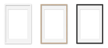 Picture Frames Set With White Passepartout On Transparent Background.  White, Wooden And Black Vertical Frames, 40x60 Cm. Template, Mock Up For Your Picture, Artwork, Poster Or Photo. 3d Rendering.