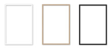 Picture Frames Set On Transparent Background.  White, Wooden And Black Vertical Frames, 40x60 Cm. Template, Mock Up For Your Picture, Artwork, Poster Or Photo. 3d Rendering.