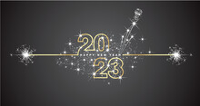 Happy New Year 2023 Eve Line Design Loading Sparkle Firework Champagne Open Golden White Black Vector Wallpaper Greeting Card