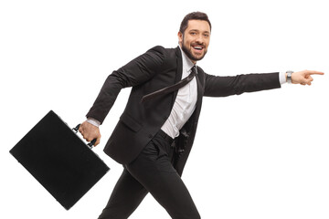 Poster - Businessman in a black suit running with a briefcase and pointing forward