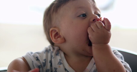 Baby eating broccoli and a piece of meat