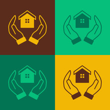 Pop Art House In Hand Icon Isolated On Color Background. Insurance Concept. Security, Safety, Protection, Protect Concept. Vector