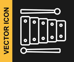 White line Xylophone - musical instrument with thirteen wooden bars and two percussion mallets icon isolated on black background. Vector