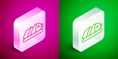 Isometric line Fish with sliced pieces with knife icon isolated on pink and green background. Silver square button. Vector