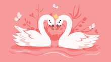Vector Illustration Of Beautiful Swans. Cartoon Illustration Of Swans In Love Who Stood Up In The Shape Of A Heart.