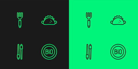 Set line Banner for bio, Food chopsticks, Fork and Taco with tortilla icon. Vector