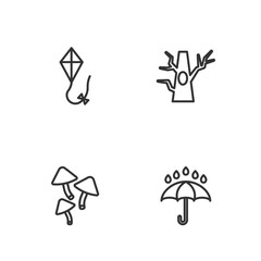 Sticker - Set line Umbrella and rain drops, Mushroom, Kite and Bare tree icon. Vector