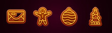 Set Line Envelope, Holiday Gingerbread Man Cookie, Christmas Ball And Tree. Glowing Neon Icon. Vector