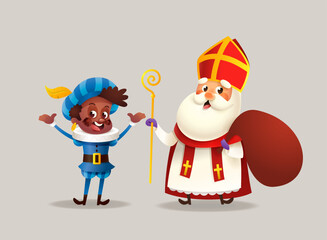 Saint Nicholas or Sinterklaas and friend celebrate Christmas holidays - cute vector illustration isolated