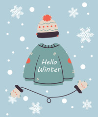 Wall Mural - Hello Winter text. winter clothes with an inscription on the background of snowflakes. Vector Illustration