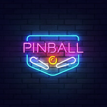Pinball Neon Sign, Bright Signboard, Light Banner. Pinball Label Neon, Emblem. Vector Illustration