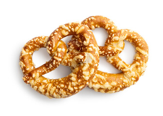 Poster - German bread pretzel with baked cheese isolated on white background.