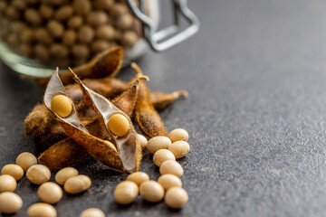 Soy beans. Dried soybean pod on black table.