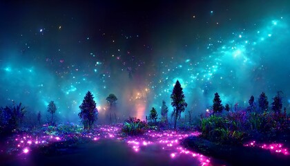 Colorful bioluminescence plants in forest, crystals and glowing path, fireflies, Pandora planet at night, blue and pink glow, epic landscape in background, hazy planet in the sky.