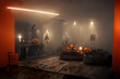 © lucky pics - halloween decorated home interior with costumed figures, neural network generated art