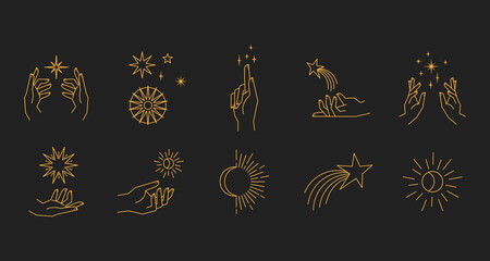 Wall Mural - Aesthetic astral hands. Collection of cosmic and celestial elements with sun, moon and stars. Isolated editable linear vectors.