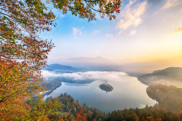 Wall Mural - Amazing sunrise over popular tourist destination  Bled lake.