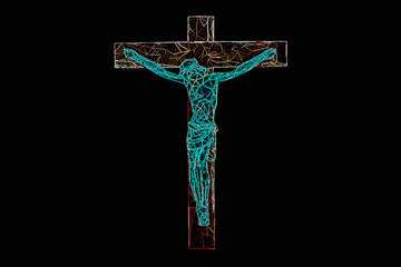 Crucifixion of Christ made of polygonal on a black background. Religious themes.